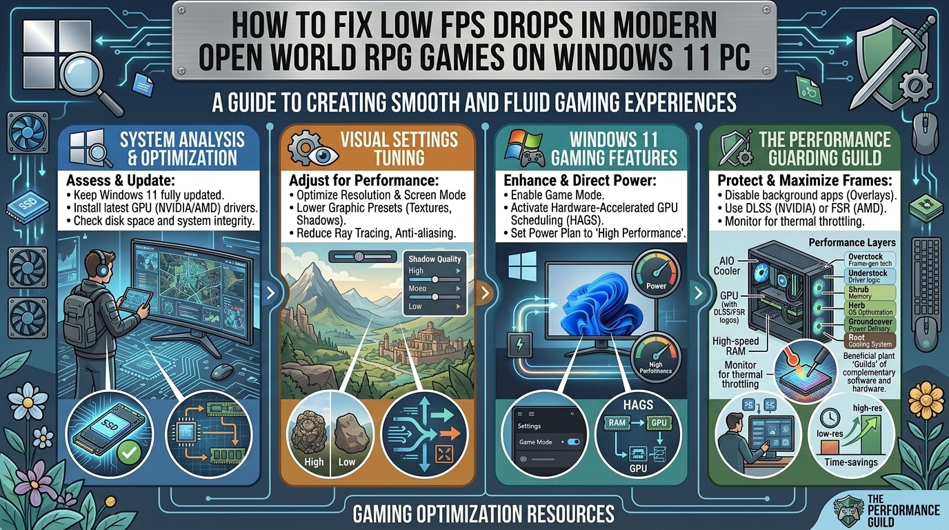 How to fix low fps drops in modern open world rpg games on windows 11 pc