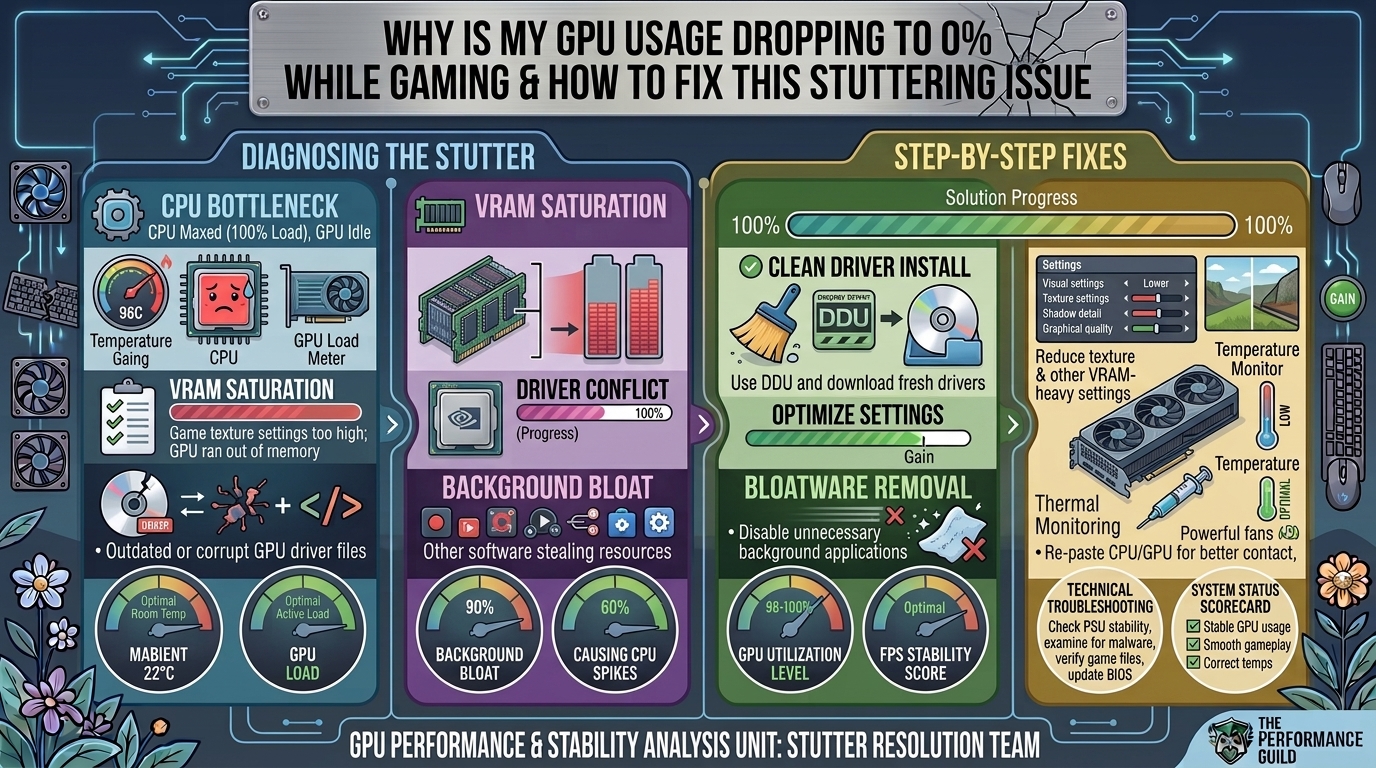 Why is my gpu usage dropping to zero percent while gaming and how to fix this stuttering issue
