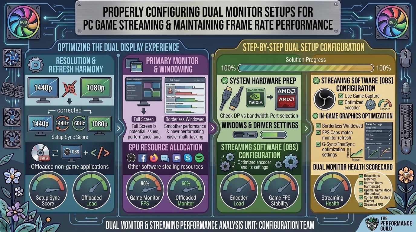 How to properly configure dual monitor setups for streaming pc games without losing frame rate performance