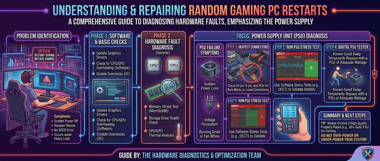 Why is my pc randomly restarting during intense gaming sessions and how to diagnose the faulty hardware power supply