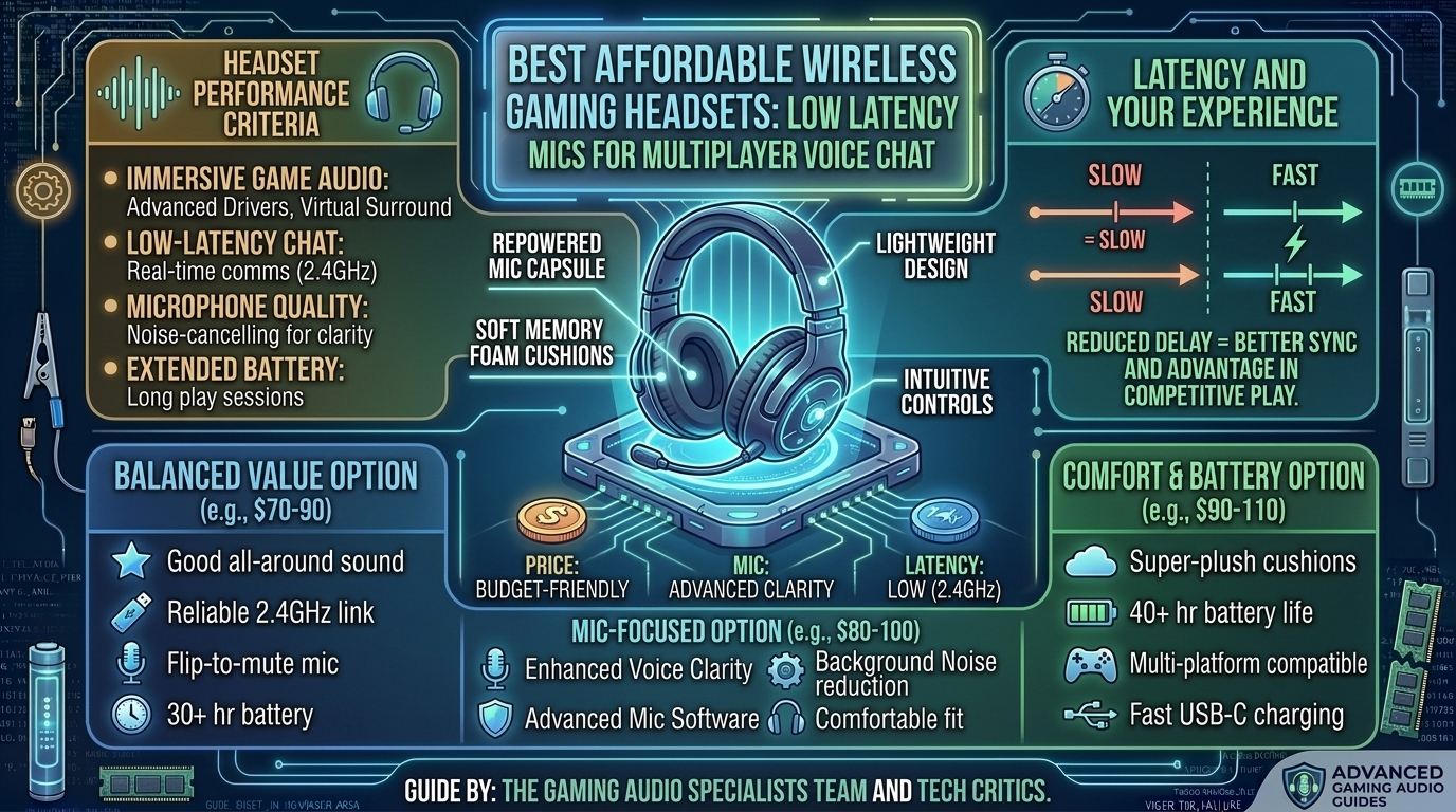 What are the best affordable wireless gaming headsets with low latency microphones for multiplayer voice chat