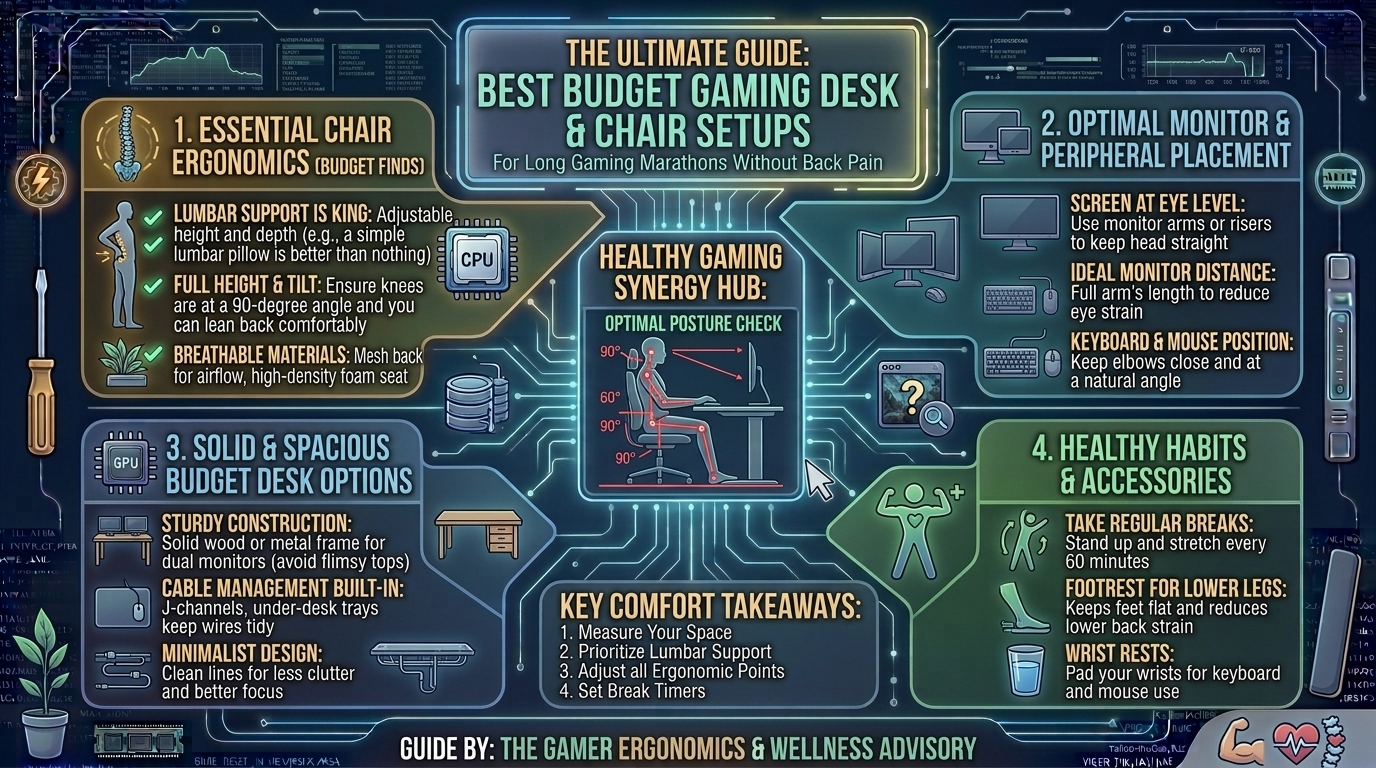 What are the best budget gaming desk and ergonomic chair setups for long gaming marathons without back pain