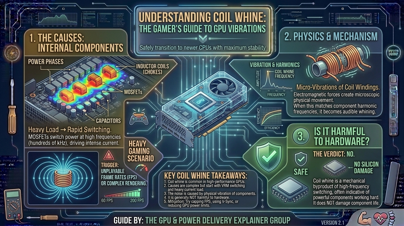 What causes coil whine in graphics cards during heavy gaming and is it harmful to your hardware system