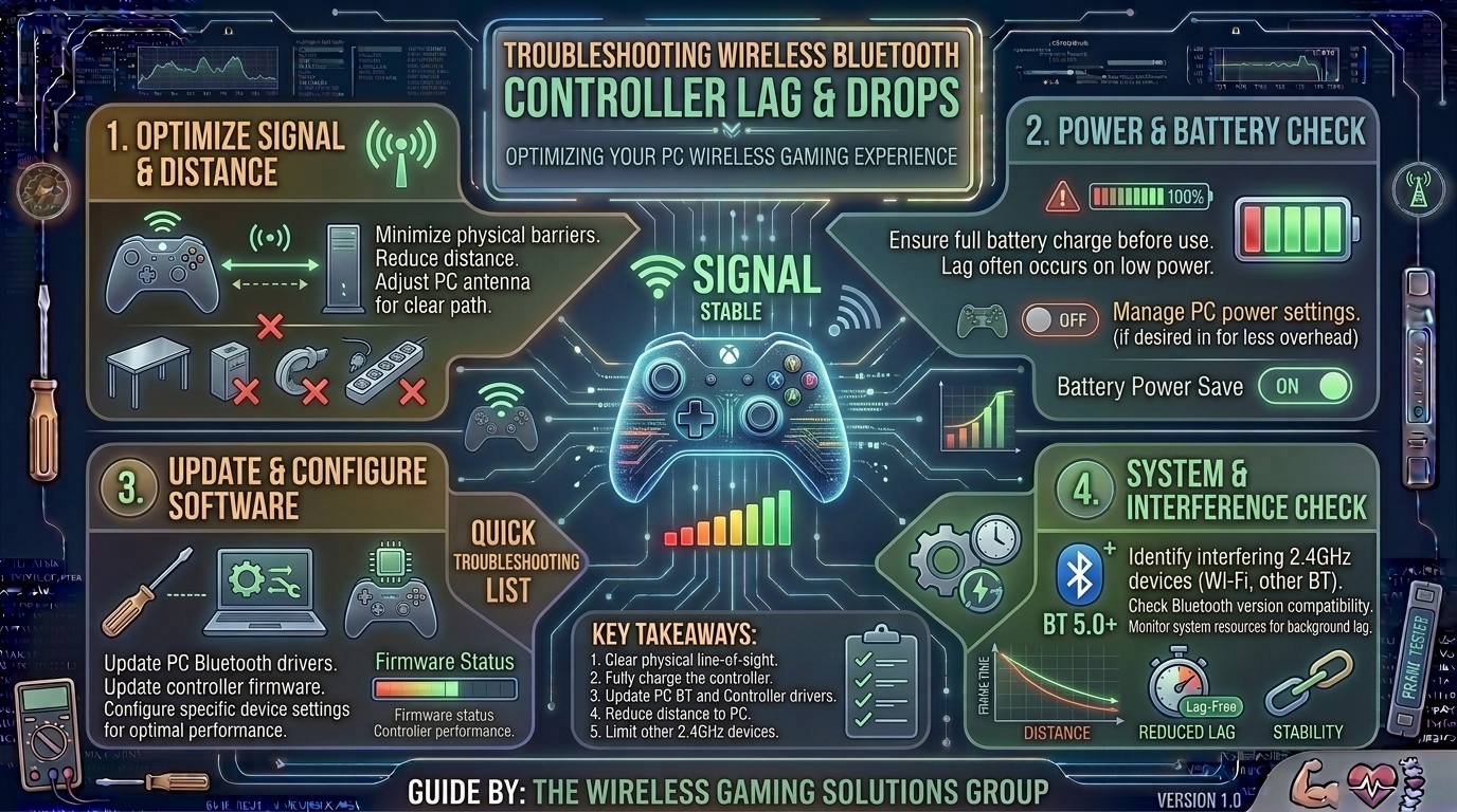 How to troubleshoot bluetooth controller connection drops and high input lag while playing pc games wirelessly