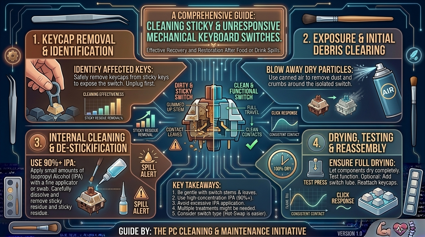 How to clean mechanical keyboard switches when keys become sticky or unresponsive from food or drink spills