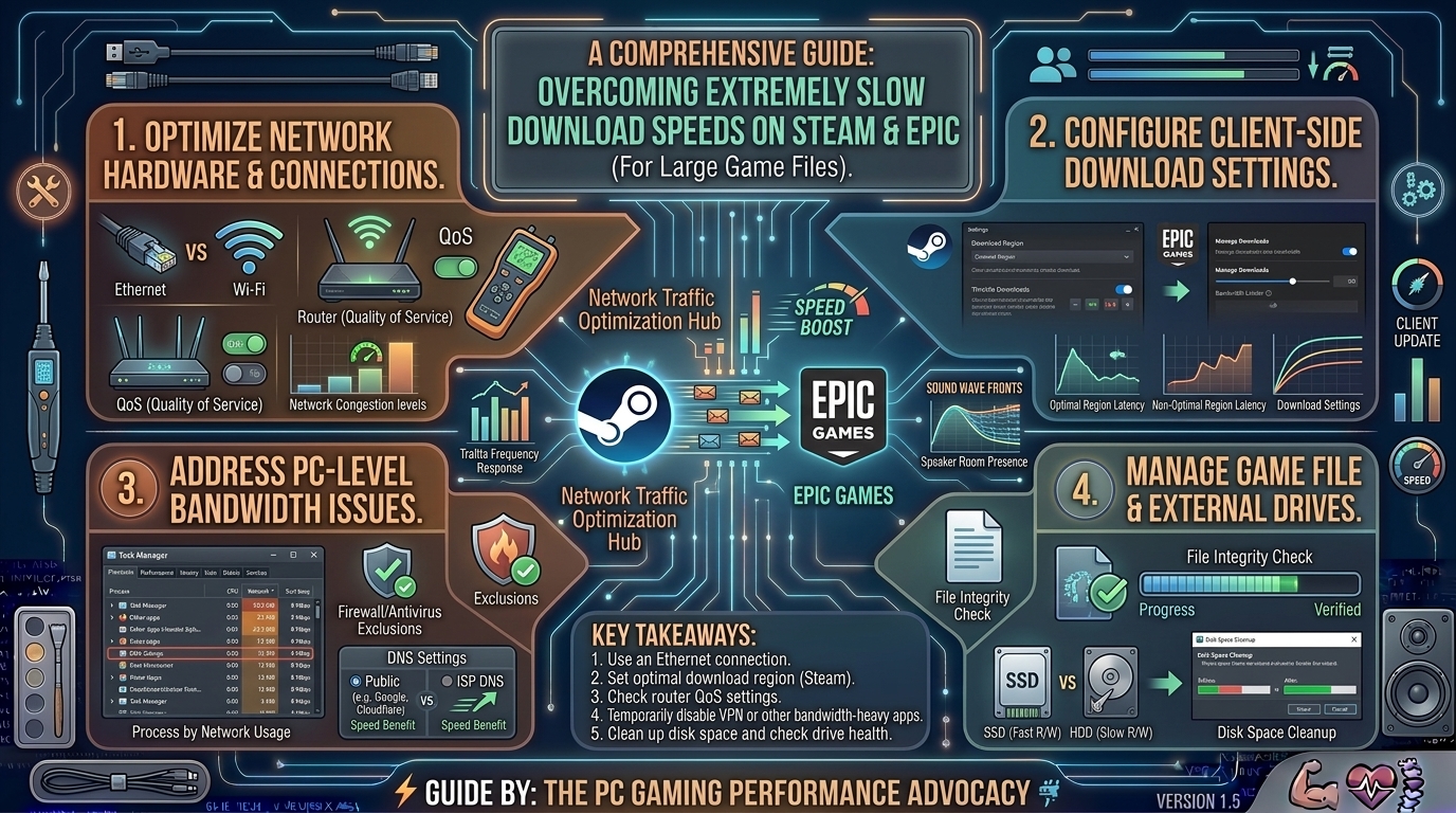 How to fix extremely slow download speeds when downloading large game files on steam and epic games launcher