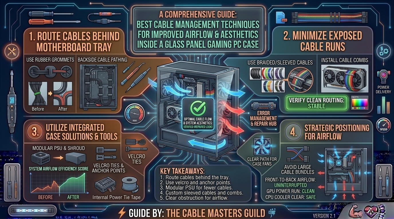 What are the best cable management techniques to improve airflow and aesthetics inside a glass panel gaming pc case