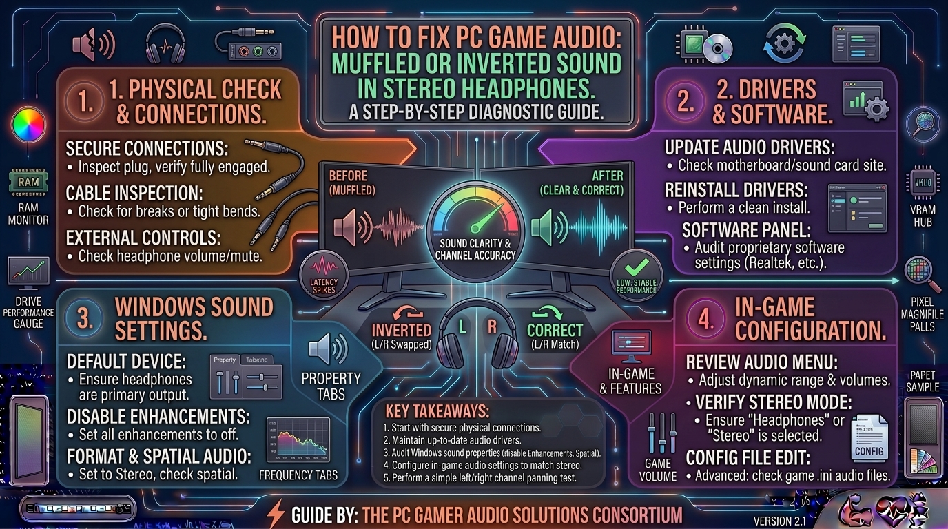 How to fix game audio sounding muffled or inverted in stereo headphones while playing pc games