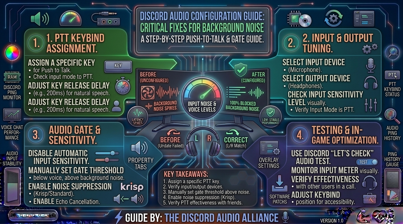 How to configure push to talk keybinds and audio gate settings in discord to block background room noise