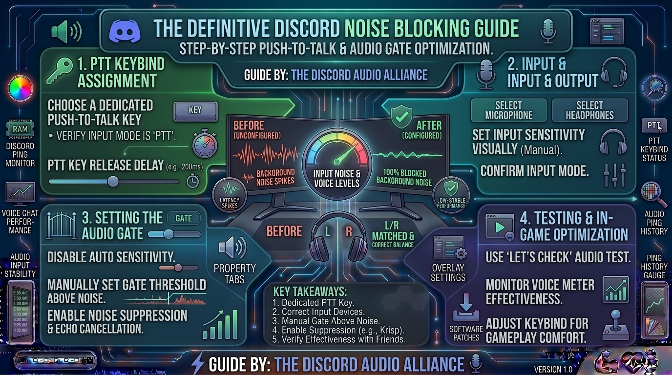 how to configure push to talk keybinds and audio gate settings in discord to block background room noise