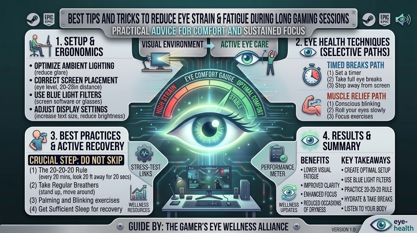 what are the best tips and tricks to reduce eye strain and fatigue during long hours of computer gaming