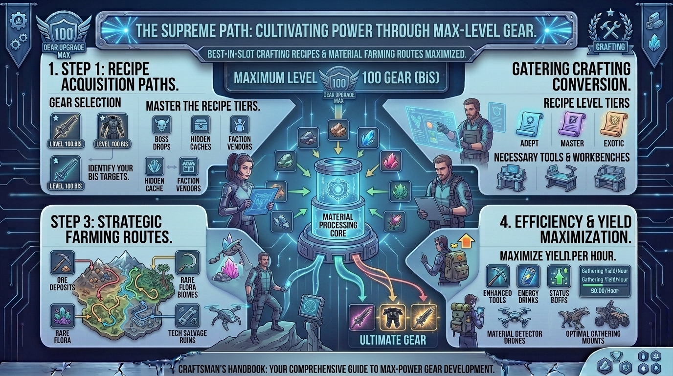 what are the best crafting recipes and material farming routes for upgrading your gear to maximum level