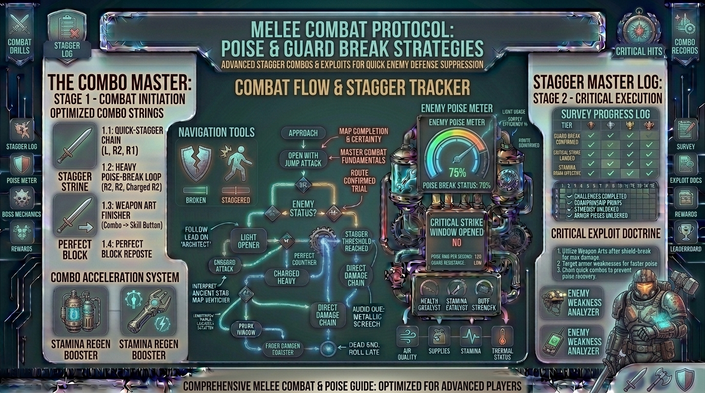 What are the best melee combo strings and stagger attacks to break enemy poise and defense guards quickly