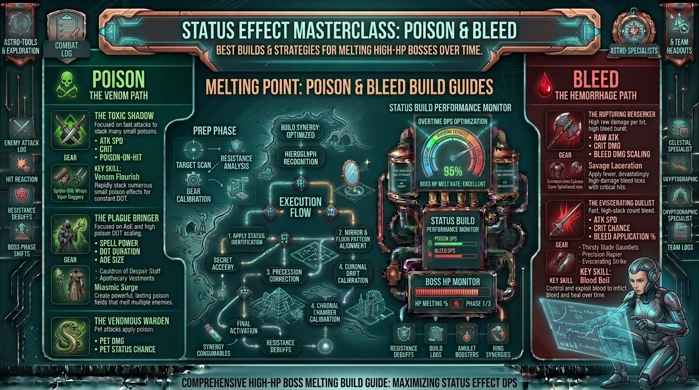 What are the best poison and bleed status effect builds for melting high health pool enemy bosses over time