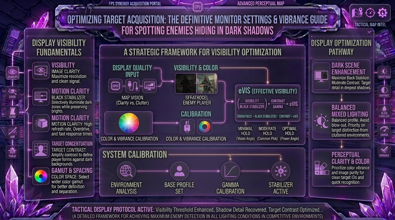 what are the best monitor settings and color vibrance adjustments to spot enemy players hiding in dark shadows