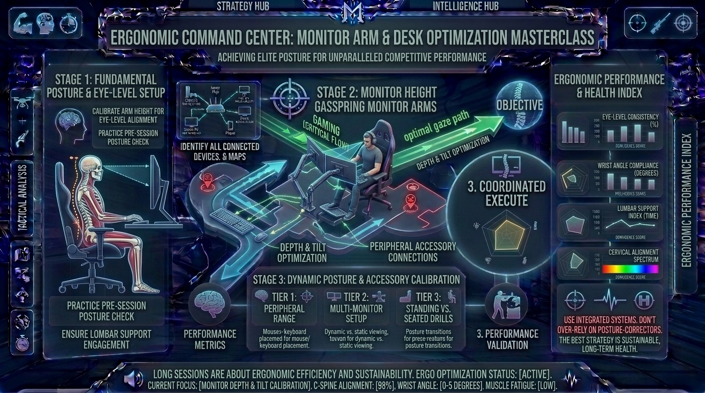 what are the best monitor arm and desk ergonomics setups to maintain proper posture during long competitive sessions