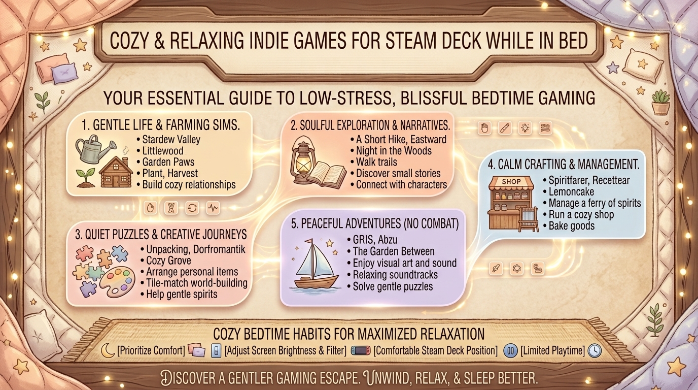 what are the best cozy relaxing indie video games to play on steam deck while lying in bed