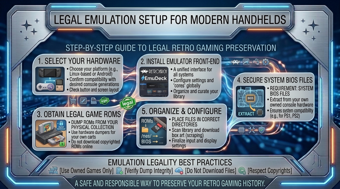 how to set up emulator software legally to play classic retro console games on modern handheld devices