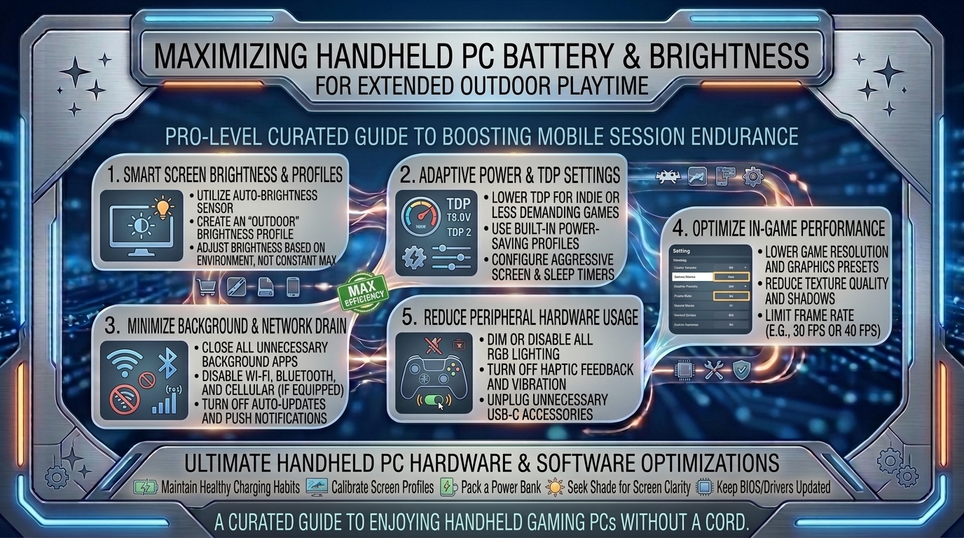 how to optimize battery life and screen brightness on handheld gaming pcs to get longer playtime outdoors