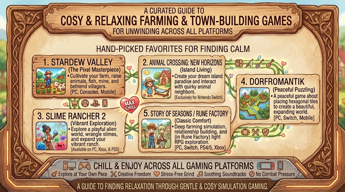 what are the best relaxing farming and town building simulation games available across all gaming platforms