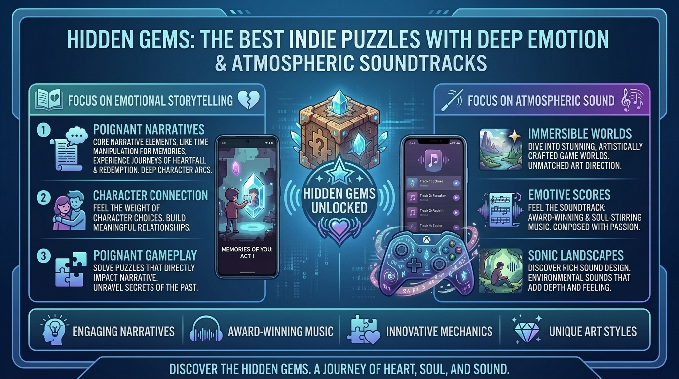 what are the best hidden gem indie puzzle games with emotional storytelling and beautiful atmospheric soundtracks