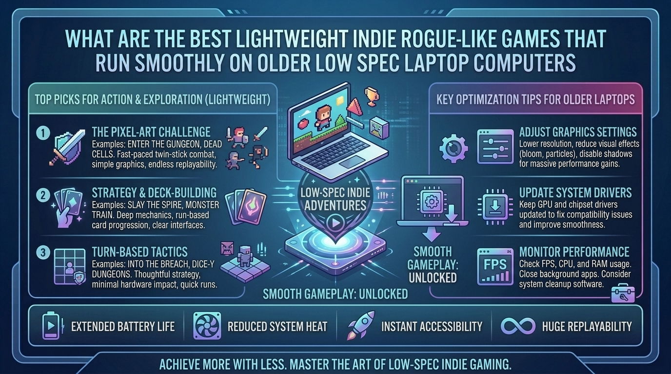 what are the best lightweight indie rogue-like games that run smoothly on older low spec laptop computers