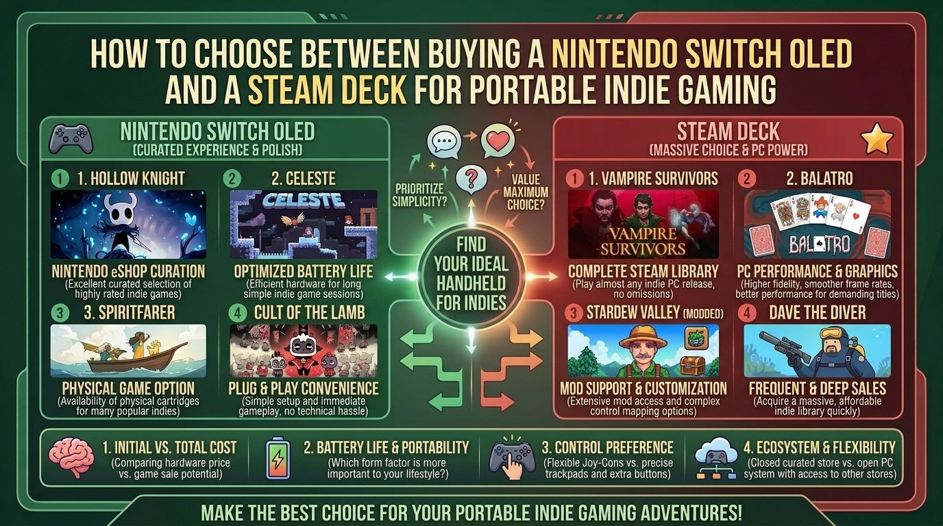 how to choose between buying a nintendo switch oled and a steam deck for portable indie gaming