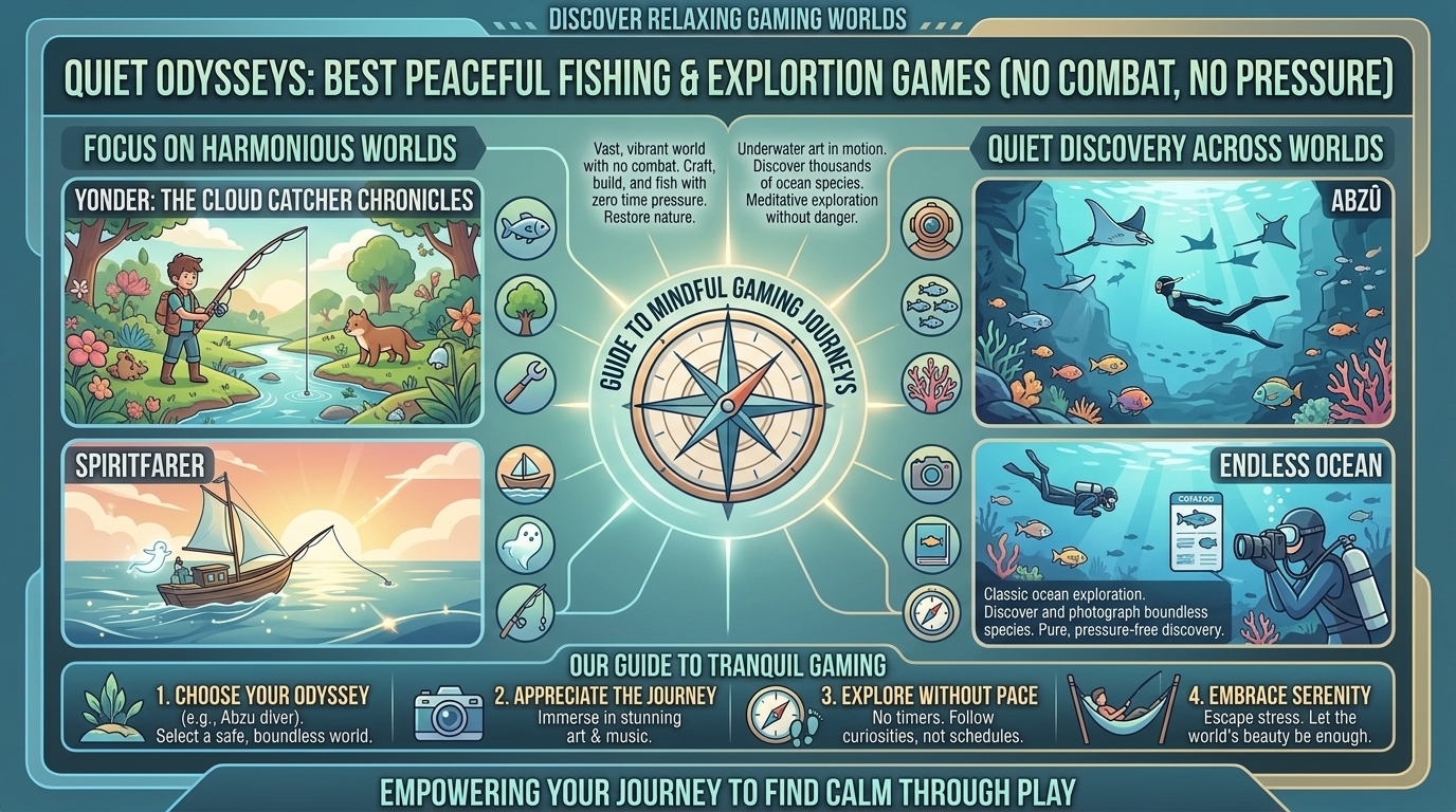 What are the best peaceful fishing and exploration games without any combat or stressful time limits