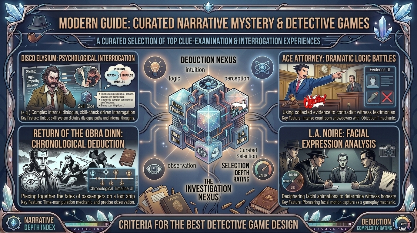 what are the best narrative mystery detective games where you examine clues and interrogate suspects