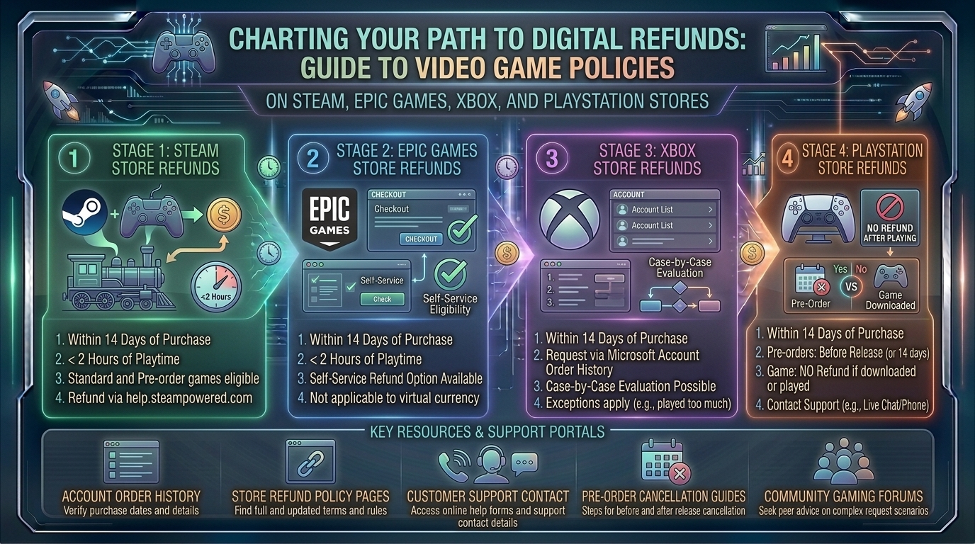 how to navigate video game digital refund policies on steam, epic games, xbox, and playstation stores