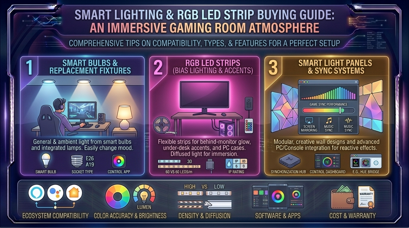 What are the best smart lighting and RGB LED strip buying guides for immersive gaming room atmosphere